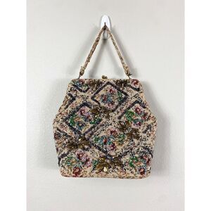 Vintage 50s 60s tapestry beaded gold hand purse